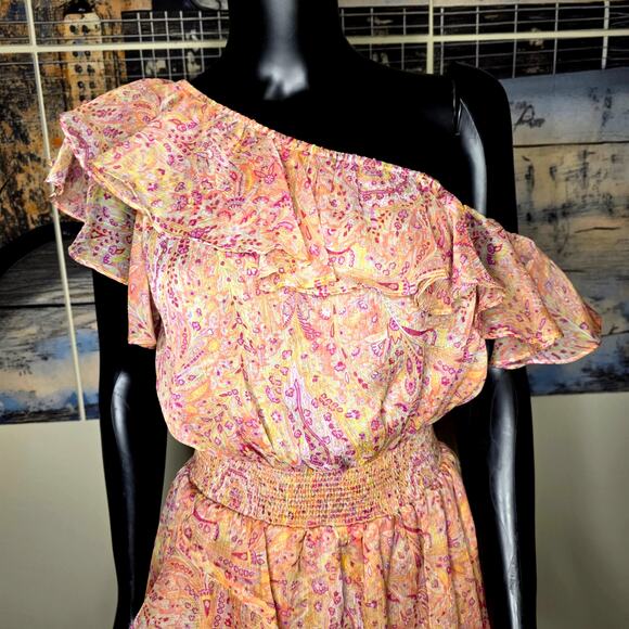 MISA Los Angeles Gisele Asymmetric Pink off Shoulder Floral Dress - Picture 5 of 14